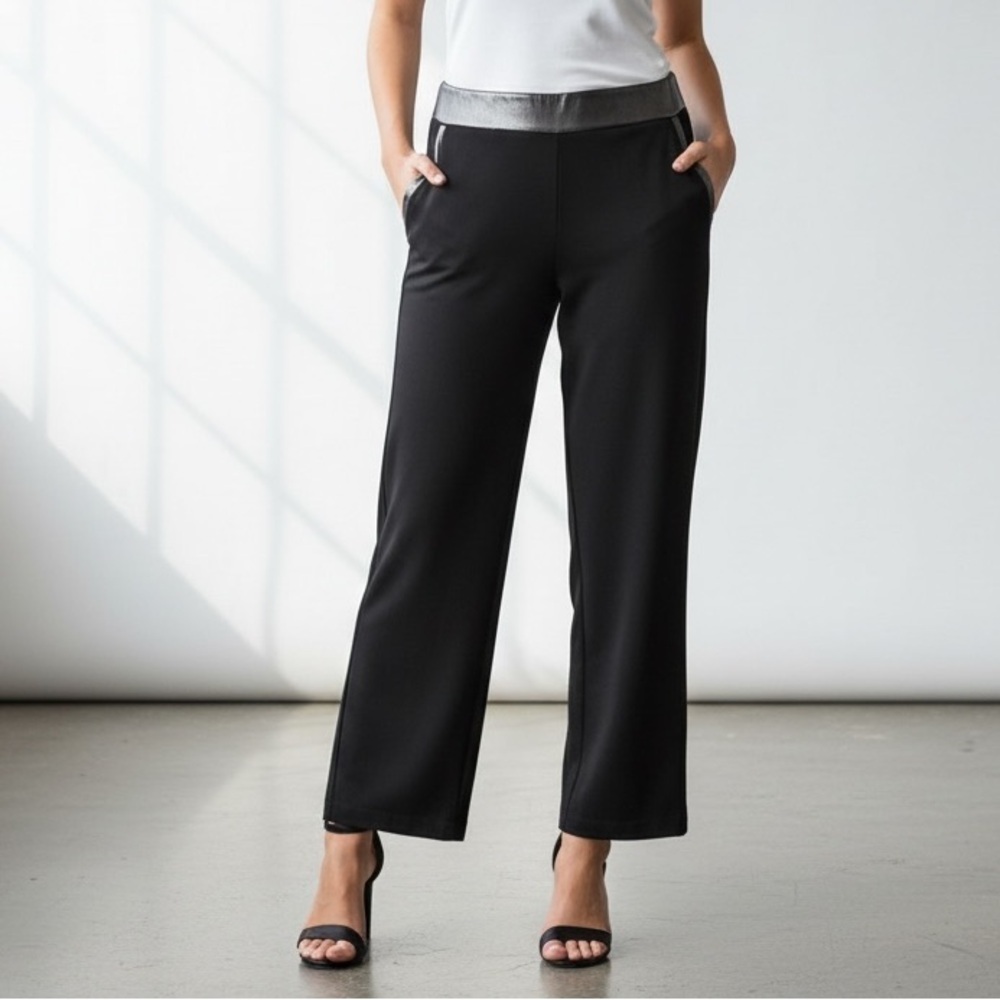 🌻Adrienne Landau Onyx Black Vegan Leather Trim Trouser Pants Rhinestone Size M